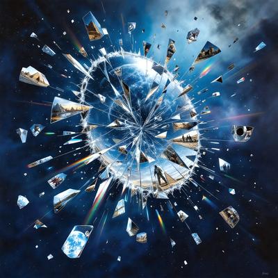 The primary subject of the image is a large, shattered glass globe. The globe is made up of multiple smaller glass pieces, creating a visually striking and intricate pattern. The setting is a dark, starry sky, which contrasts with the bright colors of the glass pieces. The visual style is a combination of digital art and illustration, creating a unique and captivating artwork. The colors and mood of the image are predominantly dark and dramatic, with the glass pieces adding a touch of bright